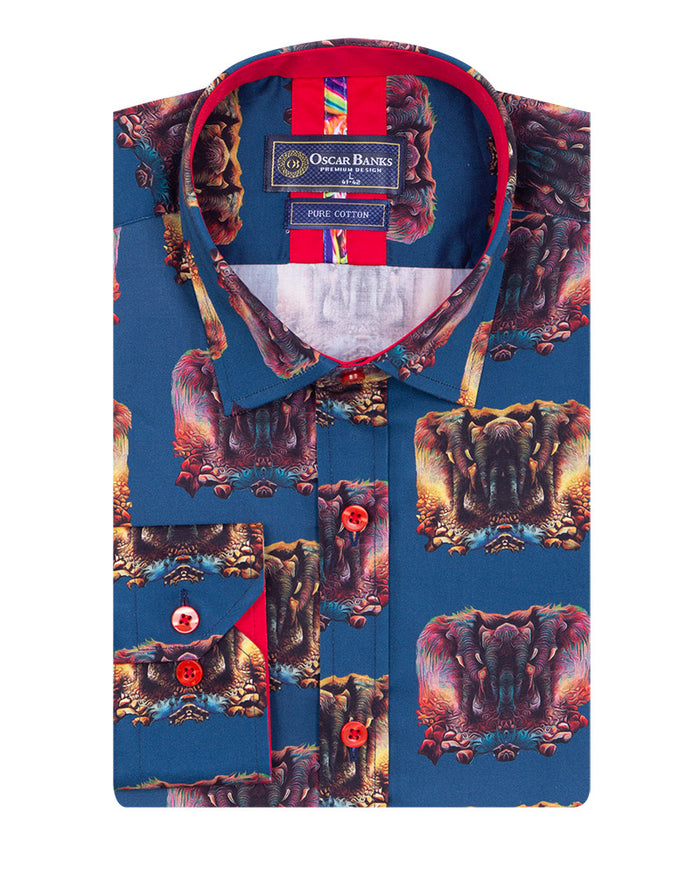Blue Mammoth Print Shirt with Matching Handkerchief-Makrom