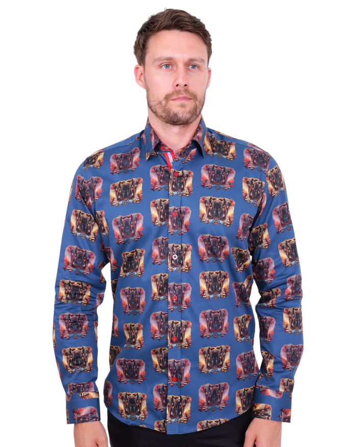 Blue Mammoth Print Shirt with Matching Handkerchief-Makrom