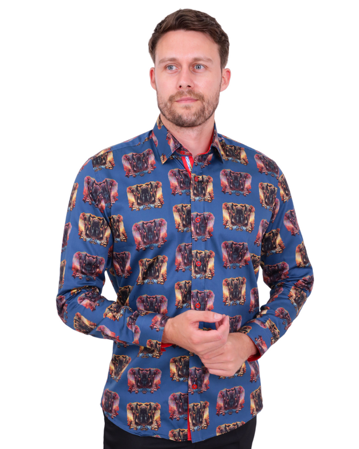 Blue Mammoth Print Shirt with Matching Handkerchief-Makrom