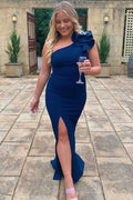 Blue One-Shoulder Flower Long Formal Dress with Slit
