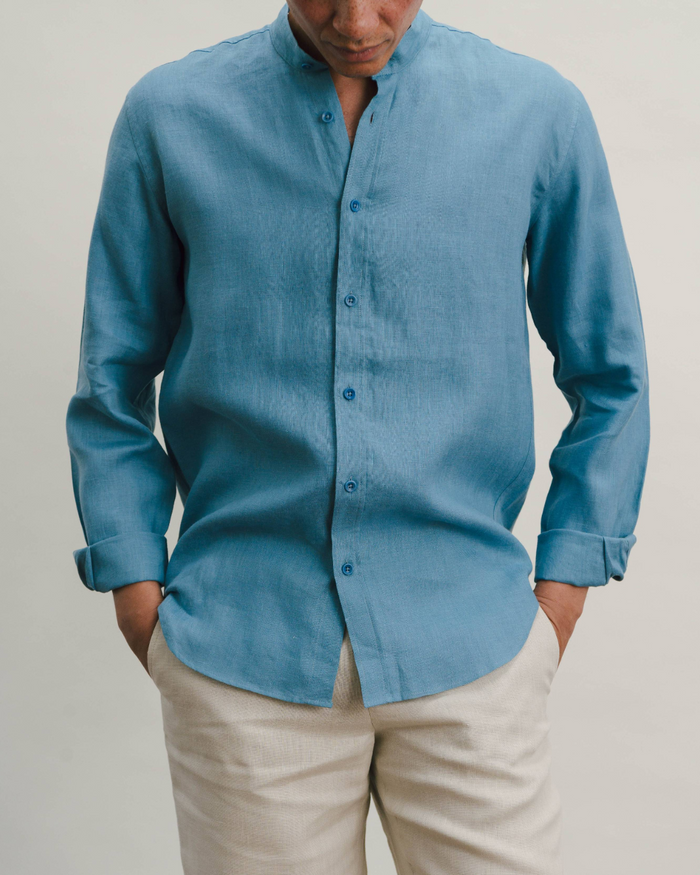 Blue Shadow Linen Grandad Shirt