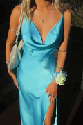 Blue Spaghetti Straps Cowl Neck Slit Dress