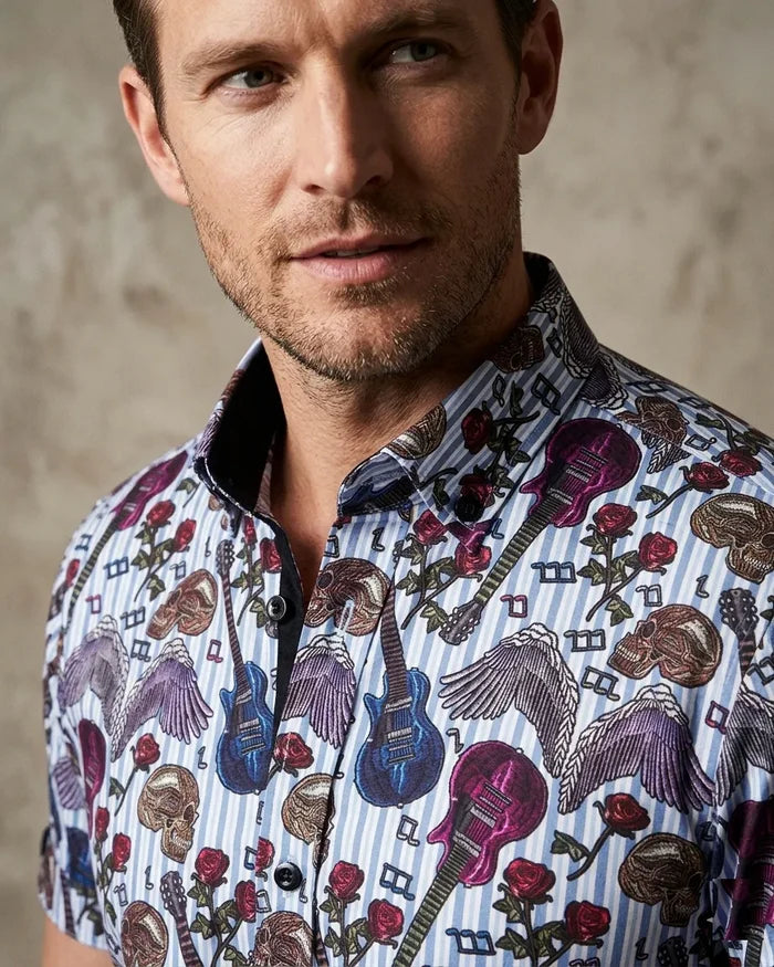Blue Stripe Guitar and Skull Print Short Sleeve Shirt