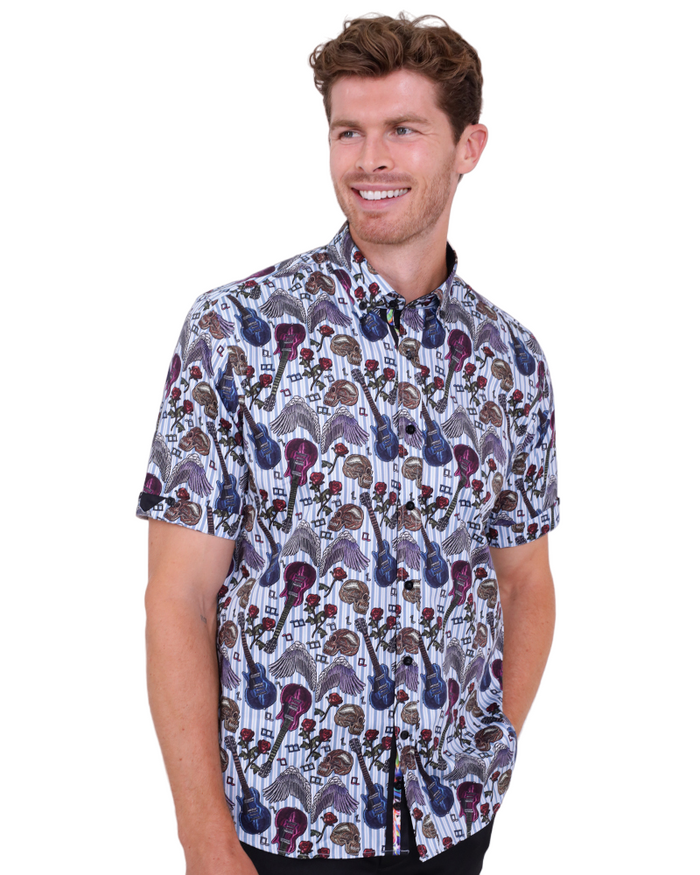 Blue Stripe Guitar and Skull Print Short Sleeve Shirt-Makrom