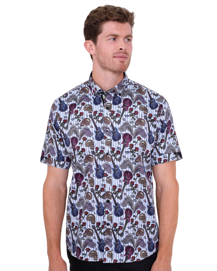 Blue Stripe Guitar and Skull Print Short Sleeve Shirt-Makrom