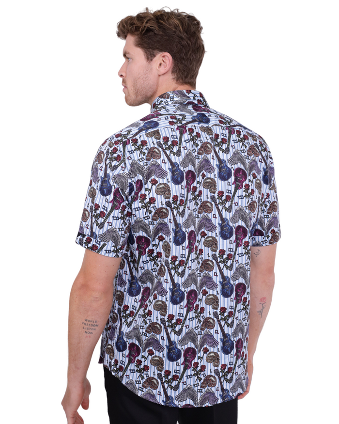 Blue Stripe Guitar and Skull Print Short Sleeve Shirt-Makrom
