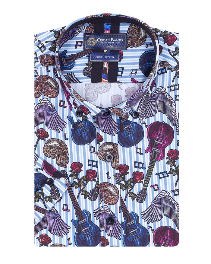 Blue Stripe Guitar and Skull Print Short Sleeve Shirt-Makrom