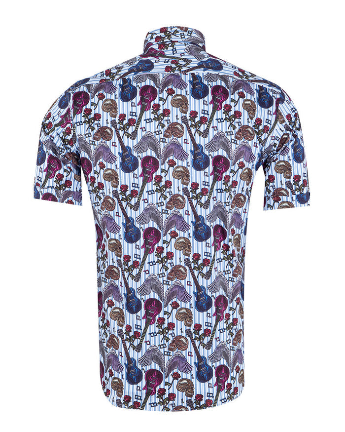 Blue Stripe Guitar and Skull Print Short Sleeve Shirt-Makrom