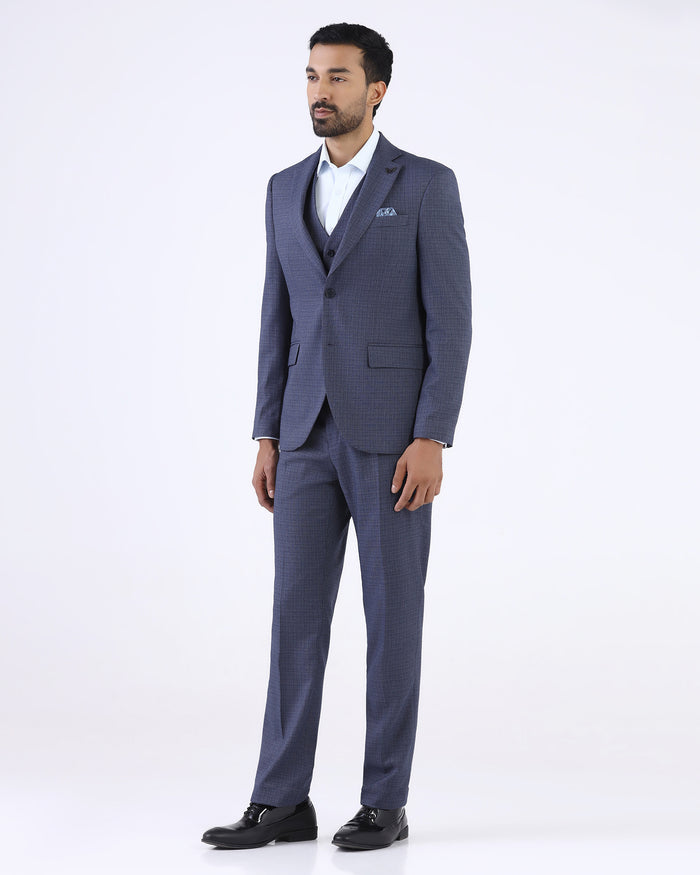 Blue Three Piece Textured Suit - Delm
