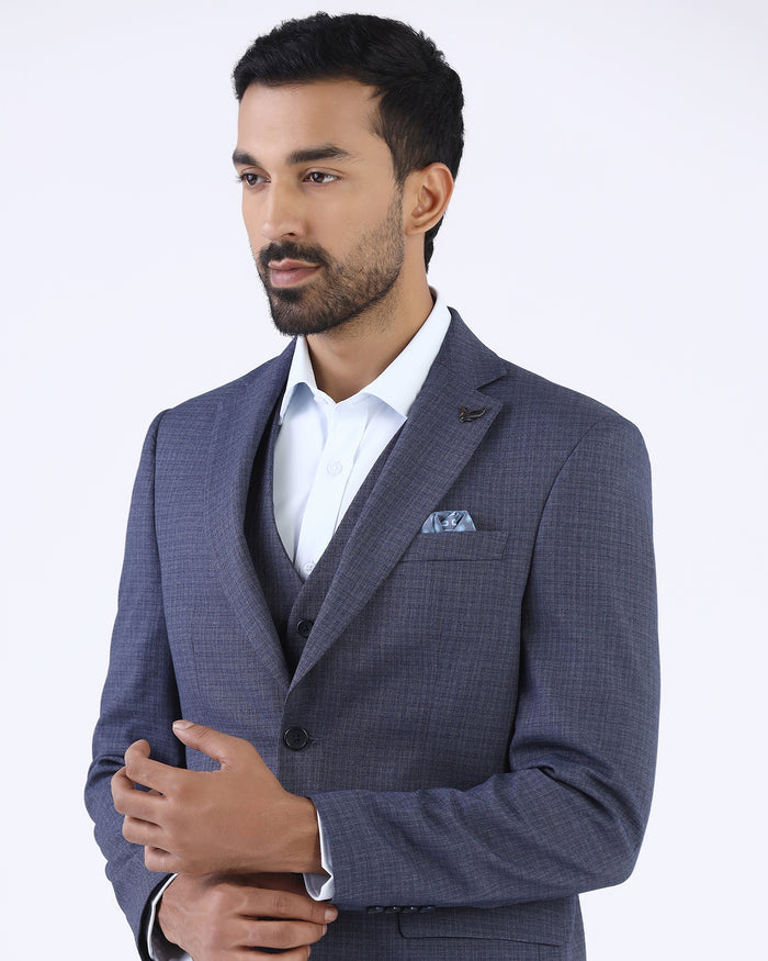 Blue Three Piece Textured Suit - Delm