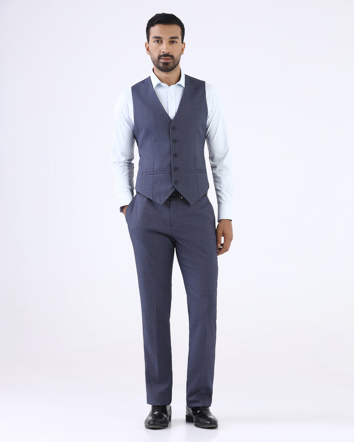 Blue Three Piece Textured Suit - Delm