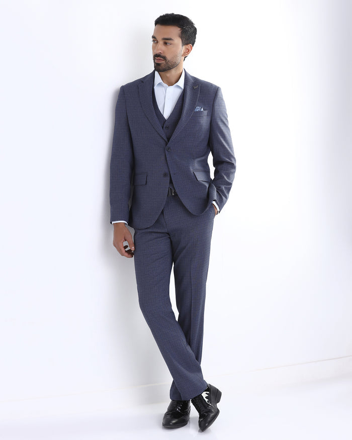 Blue Three Piece Textured Suit - Delm