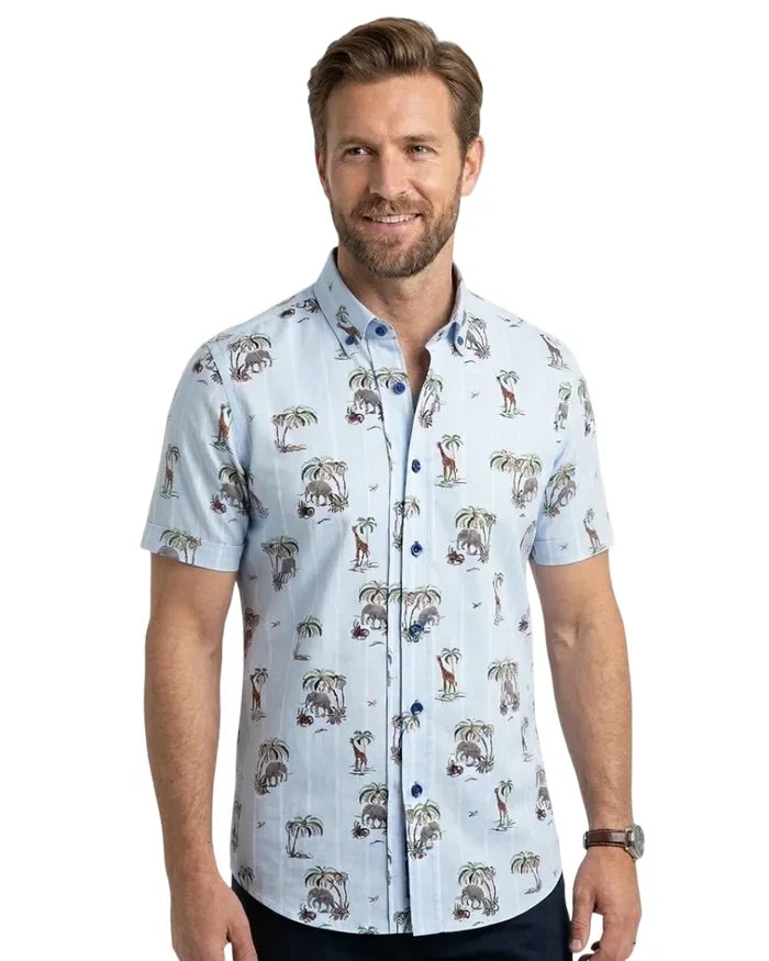 Blue Tropical Animals Print Short Sleeve Shirt-Makrom