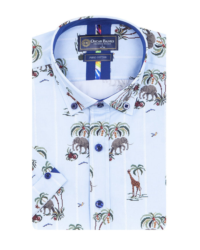 Blue Tropical Animals Print Short Sleeve Shirt-Makrom