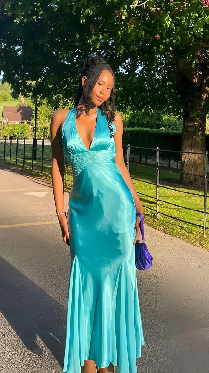 Blue V-neck Slim Prom Dresses Satin Sexy Party Dress