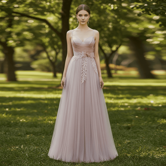 Blush Pink A-Line Tulle Prom Dress with Sweetheart & Leafy Sequined Appliqués - Rosymae