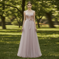 Blush Pink A-Line Tulle Prom Dress with Sweetheart & Leafy Sequined Appliqués - Rosymae