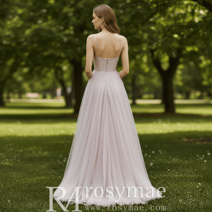 Blush Pink A-Line Tulle Prom Dress with Sweetheart & Leafy Sequined Appliqués - Rosymae