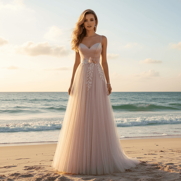 Blush Pink A-Line Tulle Prom Dress with Sweetheart & Leafy Sequined Appliqués - Rosymae