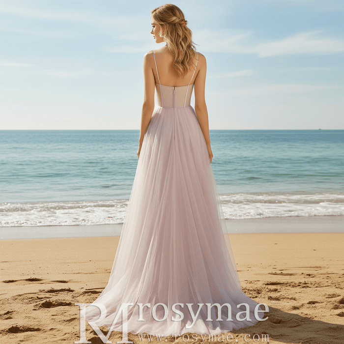 Blush Pink A-Line Tulle Prom Dress with Sweetheart & Leafy Sequined Appliqués - Rosymae