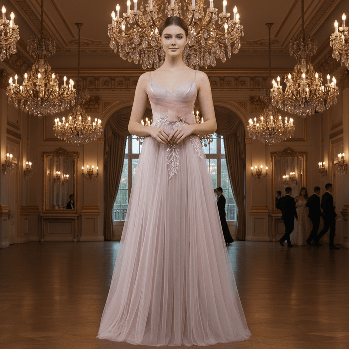 Blush Pink A-Line Tulle Prom Dress with Sweetheart & Leafy Sequined Appliqués - Rosymae