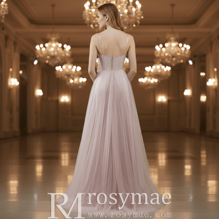 Blush Pink A-Line Tulle Prom Dress with Sweetheart & Leafy Sequined Appliqués - Rosymae