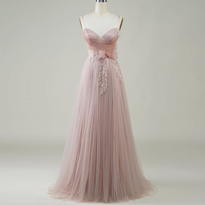 Blush Pink A-Line Tulle Prom Dress with Sweetheart & Leafy Sequined Appliqués - Rosymae