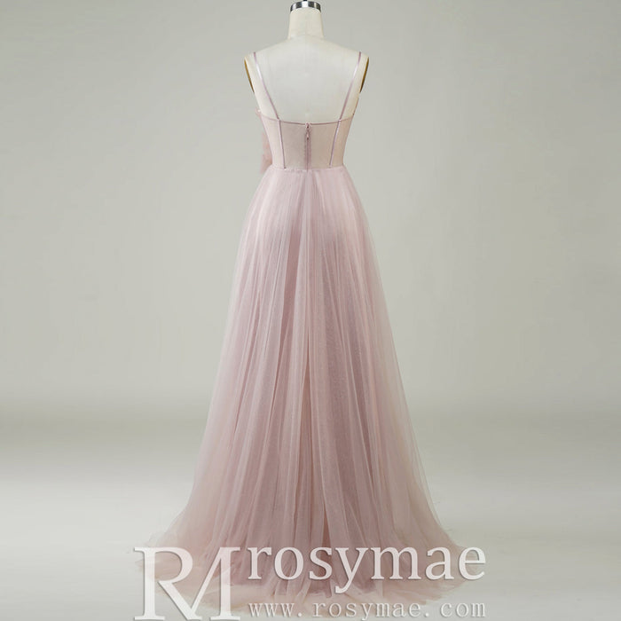 Blush Pink A-Line Tulle Prom Dress with Sweetheart & Leafy Sequined Appliqués - Rosymae