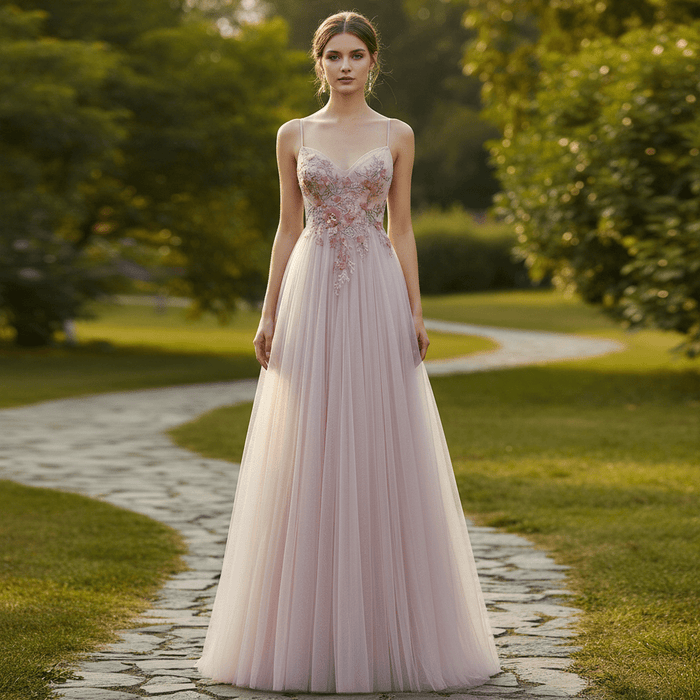 Blush Pink A-Line Wedding Dress with with 3D Fabric Flower Petals & Micro-Beading - Rosymae