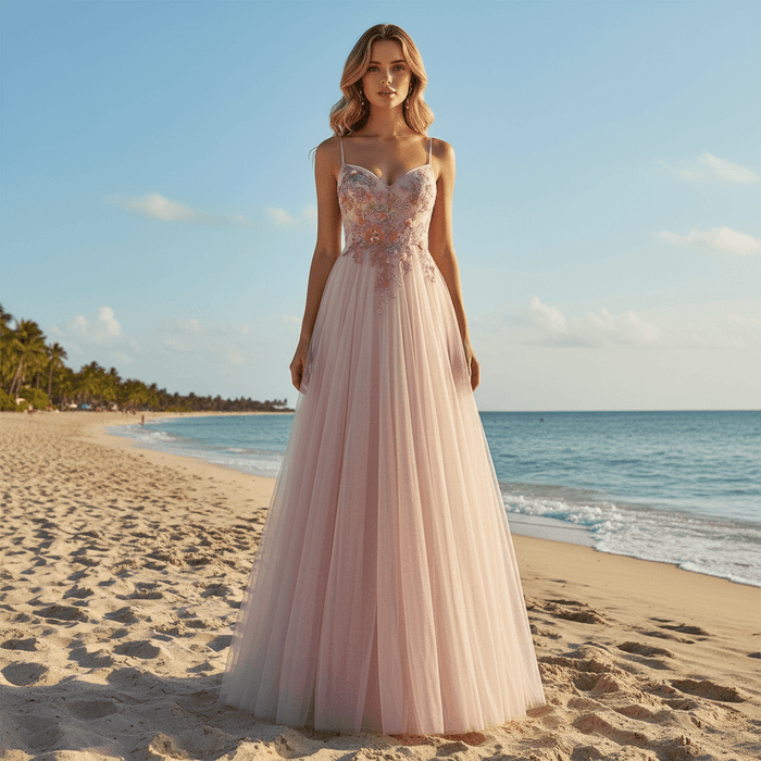 Blush Pink A-Line Wedding Dress with with 3D Fabric Flower Petals & Micro-Beading - Rosymae