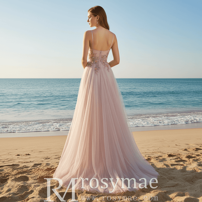 Blush Pink A-Line Wedding Dress with with 3D Fabric Flower Petals & Micro-Beading - Rosymae
