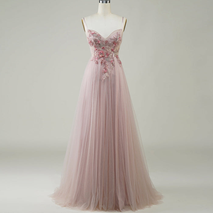 Blush Pink A-Line Wedding Dress with with 3D Fabric Flower Petals & Micro-Beading - Rosymae