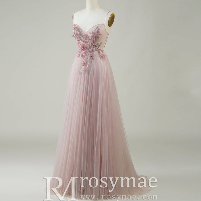 Blush Pink A-Line Wedding Dress with with 3D Fabric Flower Petals & Micro-Beading - Rosymae