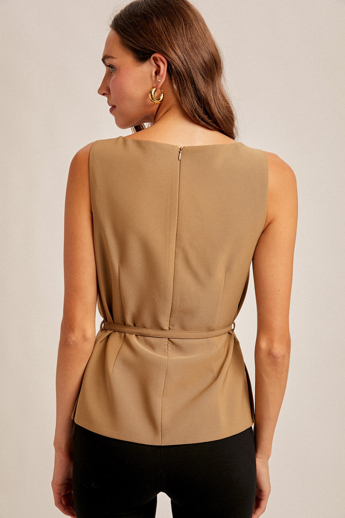sleeveless belted top with back zip closure