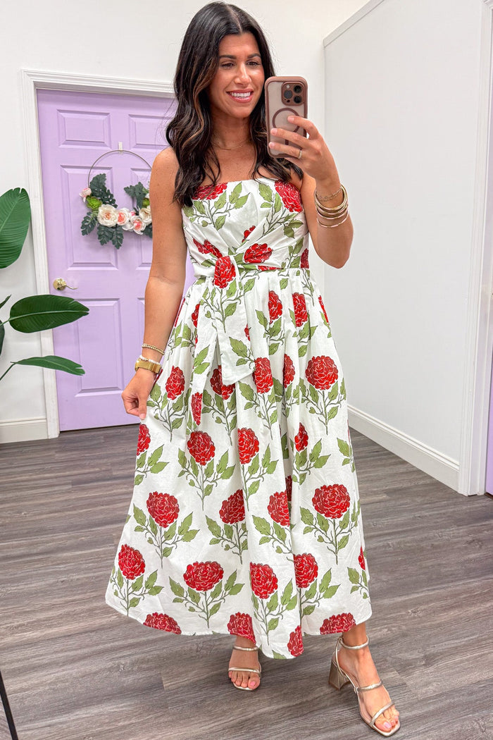 white with red and green large floral print strapless cotton midi dress