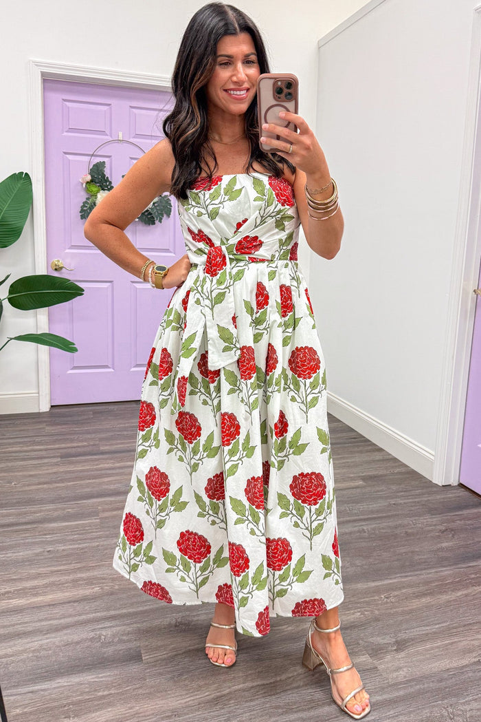white with red and green large floral print strapless midi dress