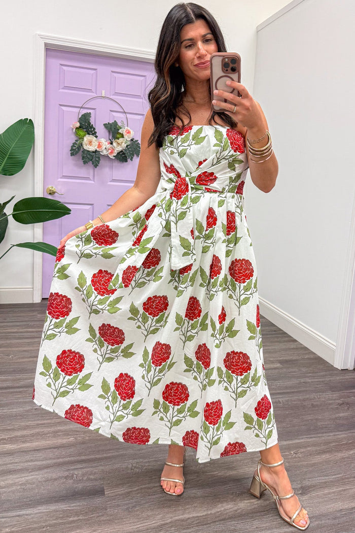 white with red and green large floral print strapless flowy cotton midi dress