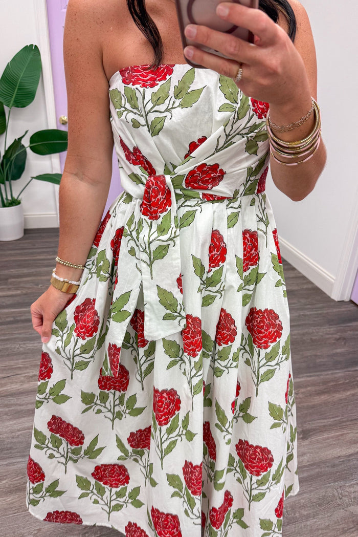 white with red and green floral print self tie waist sash strapless midi dress