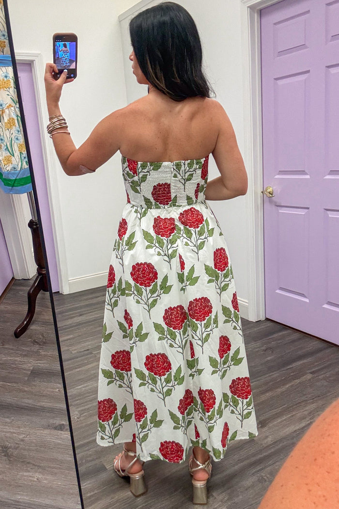 white with red and green large floral print strapless cotton midi dress back view