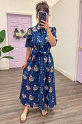 navy with pastel botanical floral print belted poplin midi dress