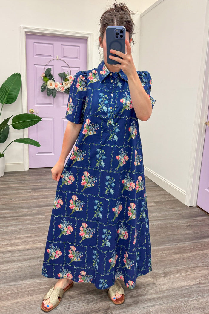 navy with pastel botanical floral print flowy poplin midi dress