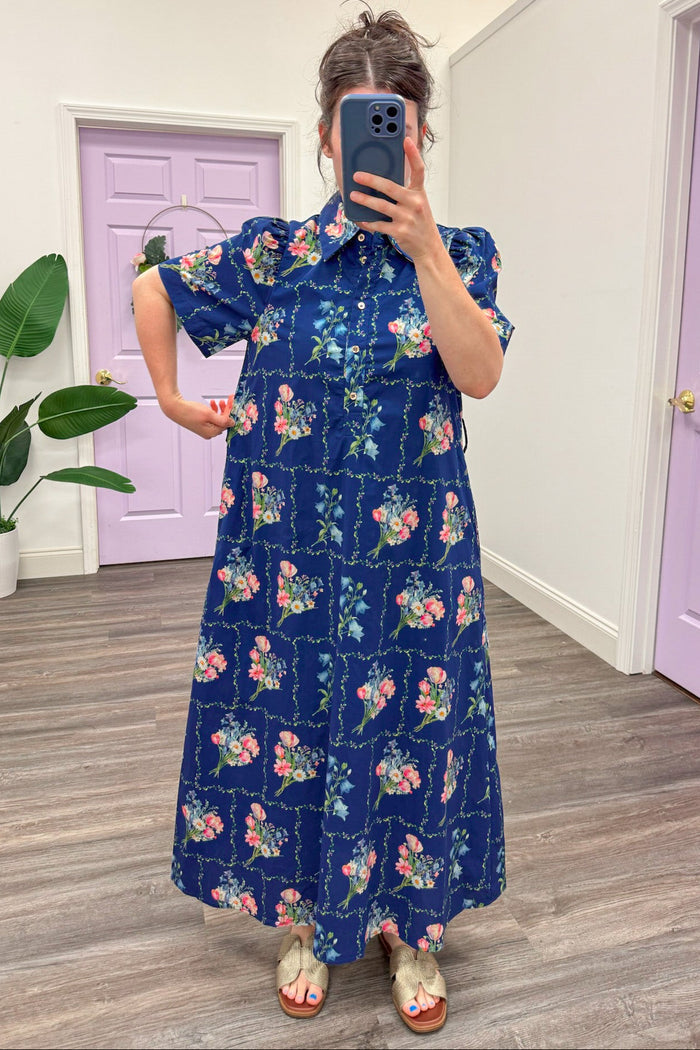 navy with pastel botanical floral print relaxed silhouette poplin midi dress