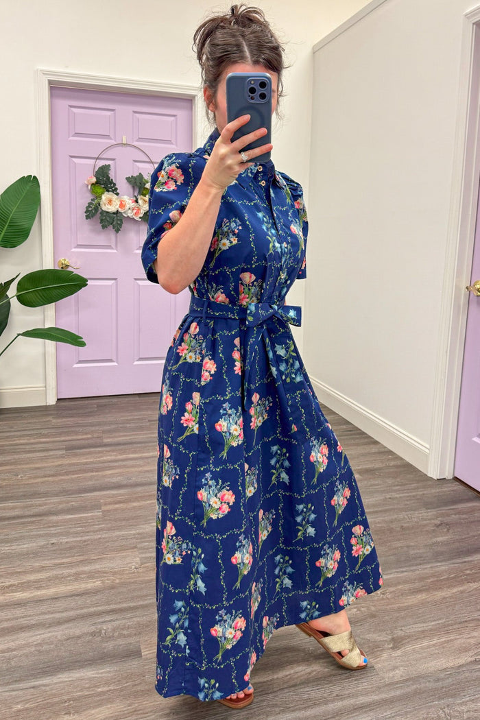 navy with pastel botanical floral print side pockets belted poplin midi dress
