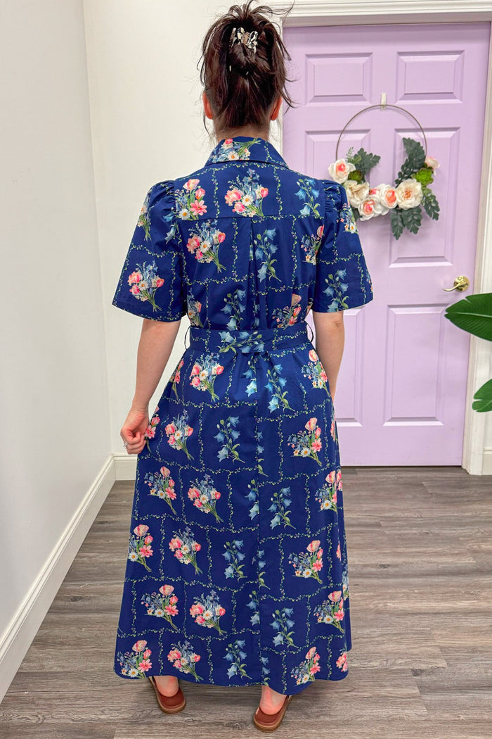 navy with pastel botanical floral print short puff sleeve belted midi dress