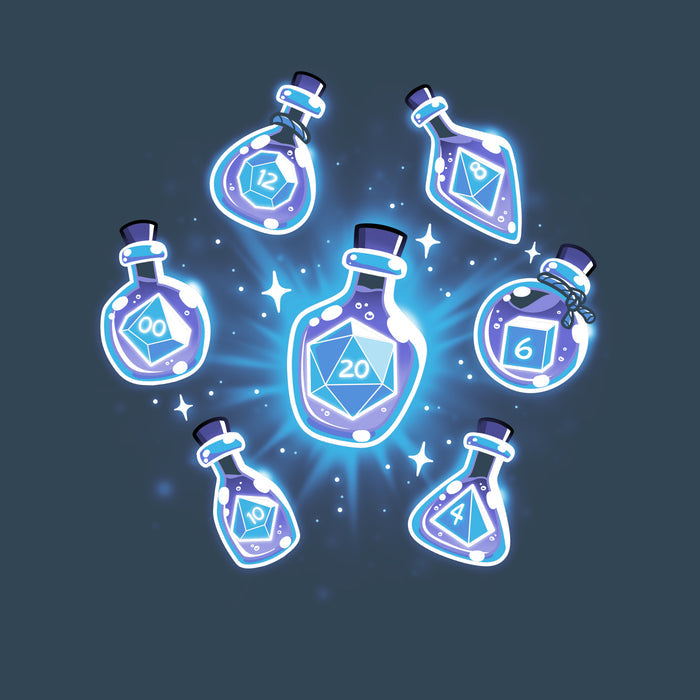 Premium Cotton T-shirt_TeeTurtle denim blue Bottled Dice apparel featuring a set of 7 dice in various size potion bottles.