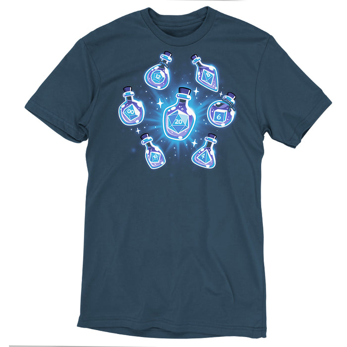 Premium Cotton T-shirt_TeeTurtle denim blue Bottled Dice apparel featuring a set of 7 dice in various size potion bottles.