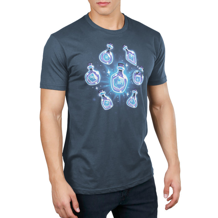 Premium Cotton T-shirt_TeeTurtle denim blue Bottled Dice apparel featuring a set of 7 dice in various size potion bottles.
