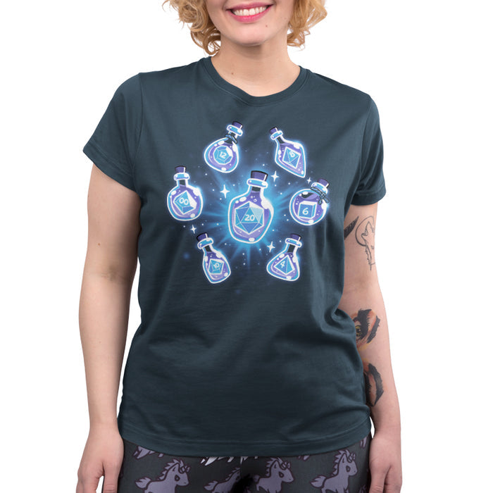 Premium Cotton T-shirt_TeeTurtle denim blue Bottled Dice apparel featuring a set of 7 dice in various size potion bottles.