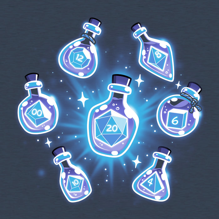 Classic Cotton T-shirt_TeeTurtle heather navy Bottled Dice apparel featuring a set of 7 dice in various size potion bottles.