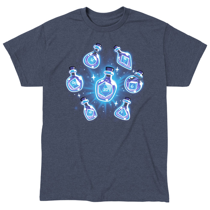 Classic Cotton T-shirt_TeeTurtle heather navy Bottled Dice apparel featuring a set of 7 dice in various size potion bottles.